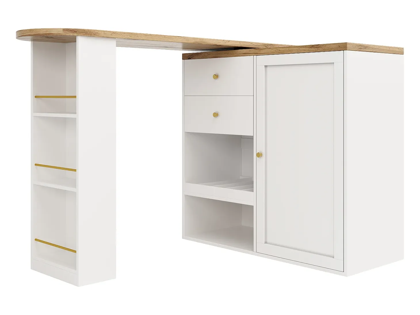 Aparador de cocina con tablero giratorio 360°, 2 cajones, 1 puerta y 2 nichos, blanco - 204x39x104cm