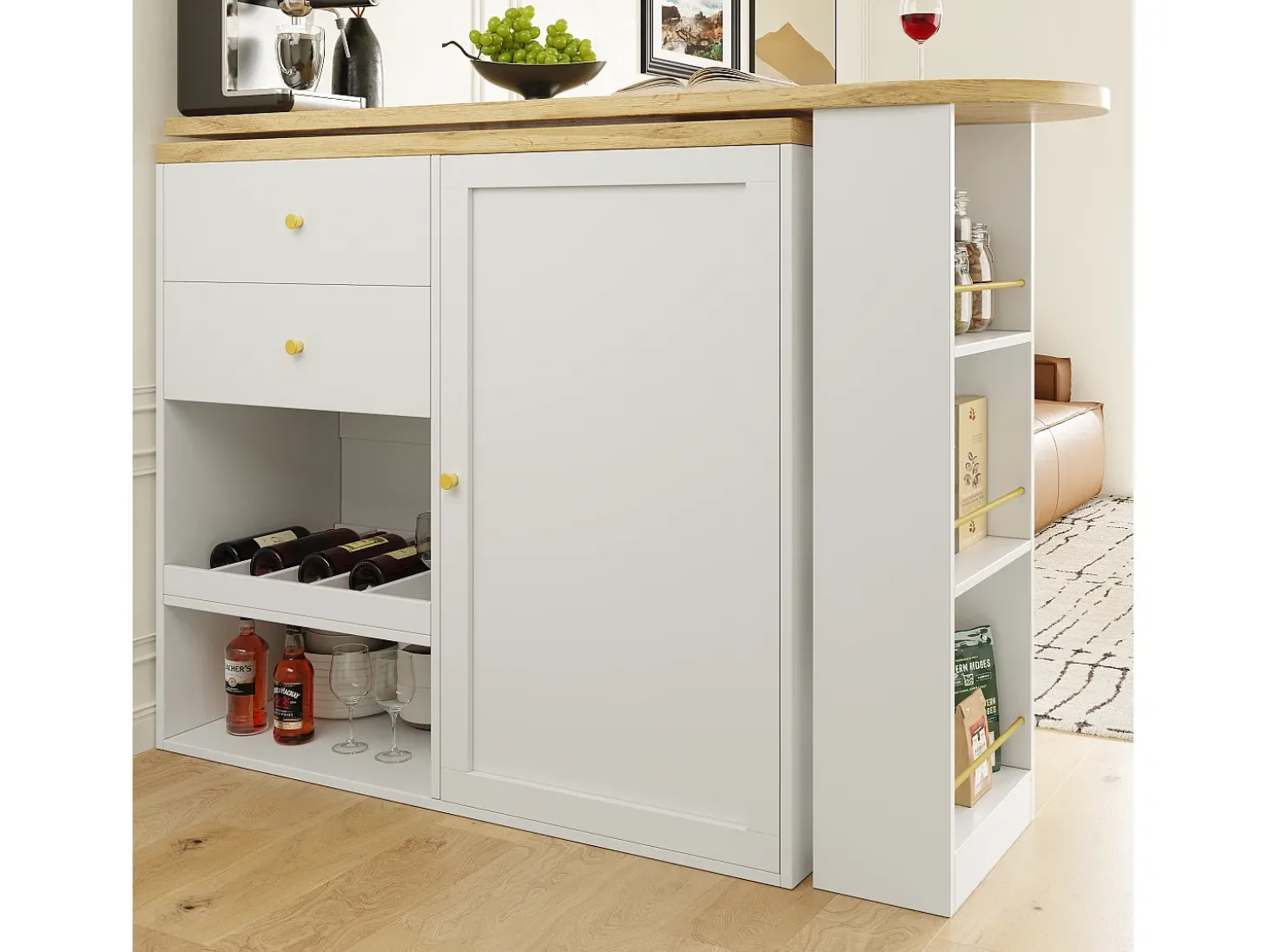 Aparador de cocina con tablero giratorio 360°, 2 cajones, 1 puerta y 2 nichos, blanco - 204x39x104cm