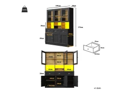 Aparador de cocina de 140×40×175 cm, armario alto con estantes ajustables, vitrina con iluminación LED, negro