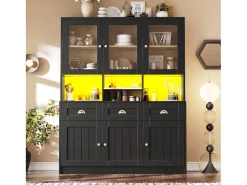 Aparador de cocina de 140×40×175 cm, armario alto con estantes ajustables, vitrina con iluminación LED, negro