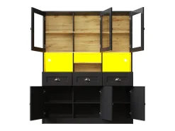 Aparador de cocina de 140×40×175 cm, armario alto con estantes ajustables, vitrina con iluminación LED, negro