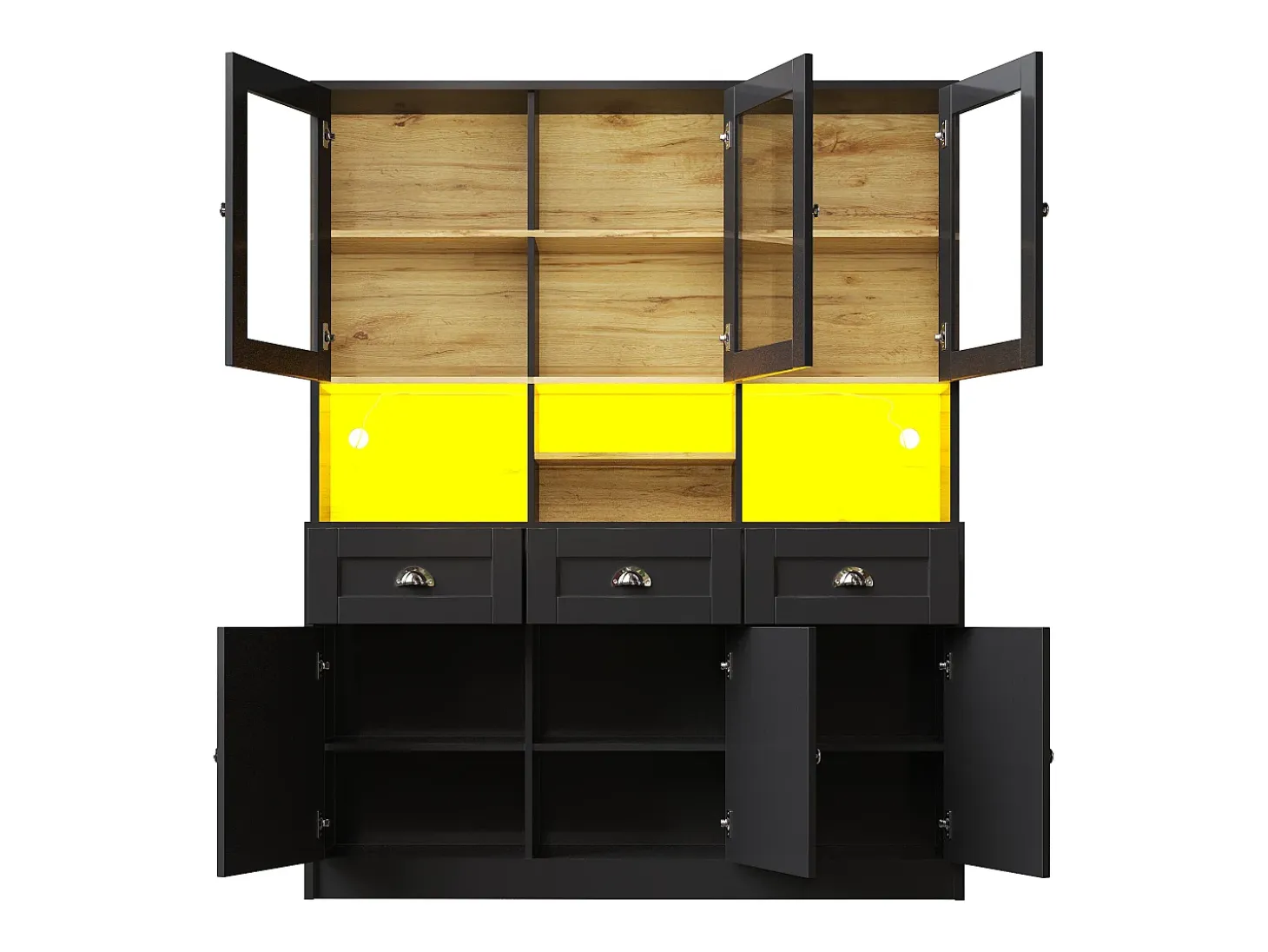 Aparador de cocina de 140×40×175 cm, armario alto con estantes ajustables, vitrina con iluminación LED, negro