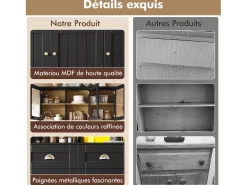 Aparador de cocina de 140×40×175 cm, armario alto con estantes ajustables, vitrina con iluminación LED, negro