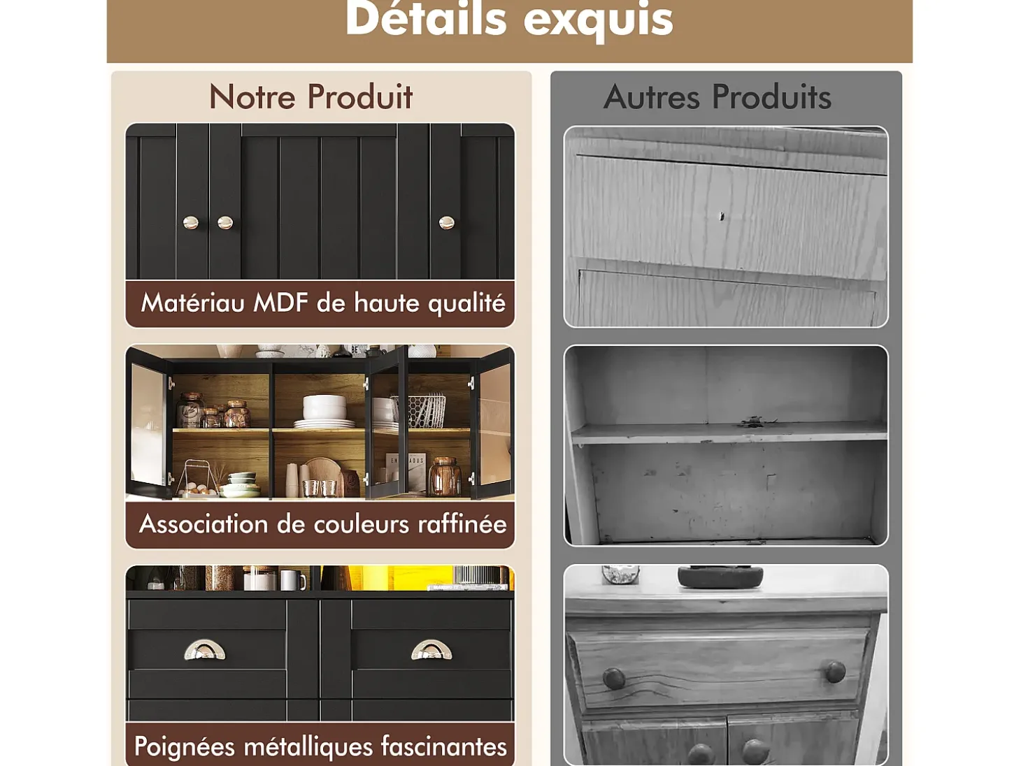 Aparador de cocina de 140×40×175 cm, armario alto con estantes ajustables, vitrina con iluminación LED, negro