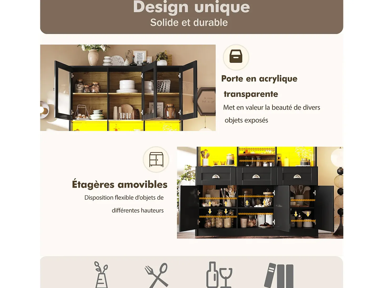 Aparador de cocina de 140×40×175 cm, armario alto con estantes ajustables, vitrina con iluminación LED, negro