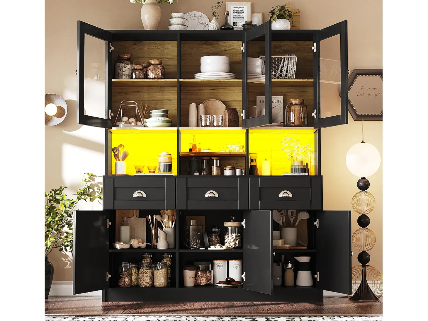 Aparador de cocina de 140×40×175 cm, armario alto con estantes ajustables, vitrina con iluminación LED, negro