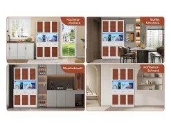Aparador de cocina de 182 cm con iluminación LED y enchufe, blanco, puertas de tela, tiradores de madera maciza