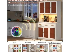 Aparador de cocina de 182 cm con iluminación LED y enchufe, blanco, puertas de tela, tiradores de madera maciza