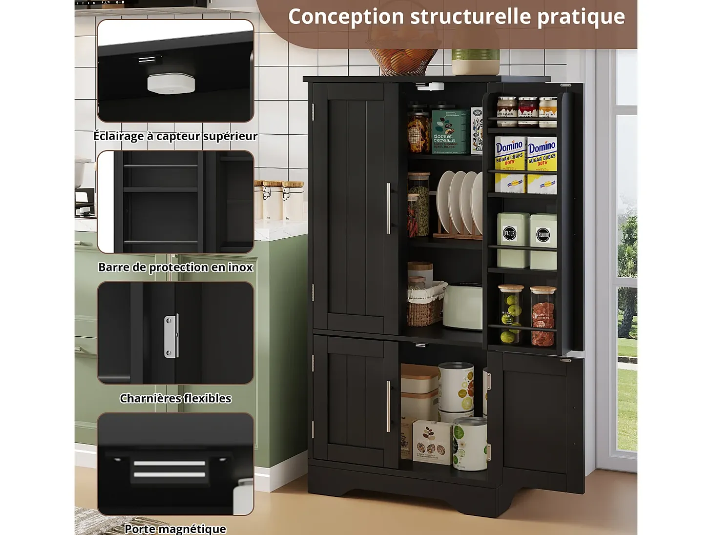 Aparador de cocina de 4 puertas, 180×80×40 cm, con 4 compartimentos para comedor, color negro
