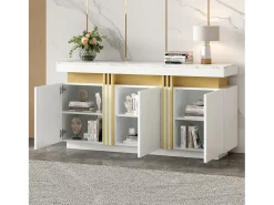 Aparador de cocina de 3 puertas con encimera efecto mármol para salón o dormitorio, blanco