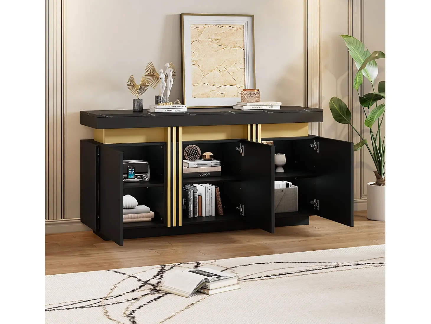 Aparador de cocina de 3 puertas con tablero efecto mármol para salón, dormitorio, color negro