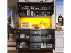 Aparador de cocina de alta calidad - 120 x 40 x 180 cm - con LED + 3 cajones + 4 puertas - MDF - negro