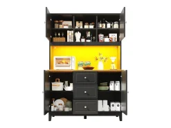 Aparador de cocina de alta calidad - 120 x 40 x 180 cm - con LED + 3 cajones + 4 puertas - MDF - negro