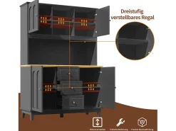 Aparador de cocina de alta calidad - 120 x 40 x 180 cm - con LED + 3 cajones + 4 puertas - MDF - negro