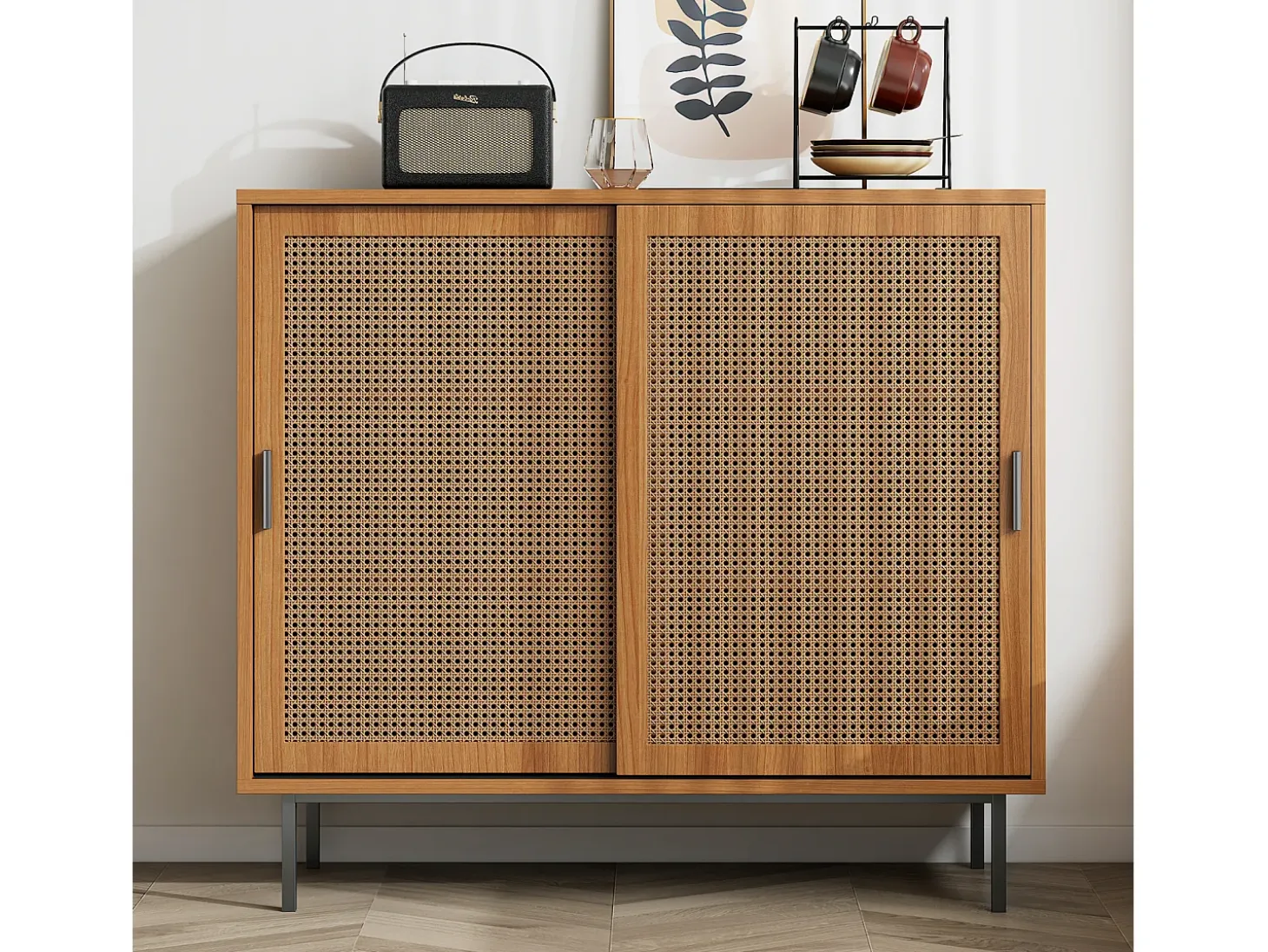 Aparador de cocina de ratán con 2 puertas correderas - con tiradores - Nogal - 100 x 37 x 90 cm