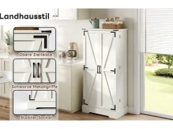 Aparador de cocina estilo rústico con LED, 2 puertas y estantes ajustables, MDF, blanco (128,5 x 44,5 x 15,88 cm)