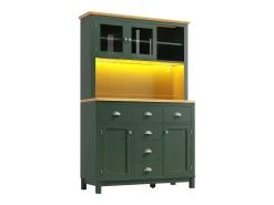 Aparador de cocina estilo rústico - 104 x 40 x 180 cm - con puertas, LED, estantes de almacenamiento y cajones - MDF - verde