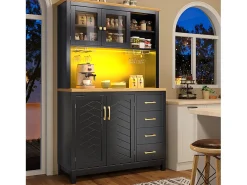 Aparador de cocina estilo rústico - 105,5 x 40 x 180 cm - con 4 puertas + LED + portavasos + cajones - MDF - negro