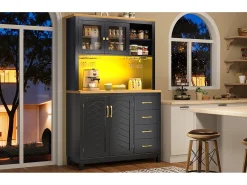 Aparador de cocina estilo rústico - 105,5 x 40 x 180 cm - con 4 puertas + LED + portavasos + cajones - MDF - negro