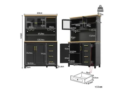 Aparador de cocina estilo rústico - 105,5 x 40 x 180 cm - con 4 puertas + LED + portavasos + cajones - MDF - negro