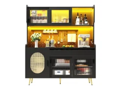 Aparador de cocina estilo rústico - 145 x 39 x 171 cm - con 5 puertas + LED + panel de almacenaje + cajón - MDF - negro
