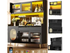 Aparador de cocina estilo rústico - 145 x 39 x 171 cm - con 5 puertas + LED + panel de almacenaje + cajón - MDF - negro