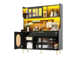 Aparador de cocina estilo rústico - 145 x 39 x 171 cm - con 5 puertas + LED + panel de almacenaje + cajón - MDF - negro