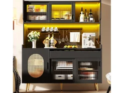 Aparador de cocina estilo rústico - 145 x 39 x 171 cm - con 5 puertas + LED + panel de almacenaje + cajón - MDF - negro