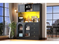Aparador de cocina estilo rústico - 120 x 40 x 188 cm - con 4 puertas + LED + estantes de almacenamiento + cajones - MDF - negro