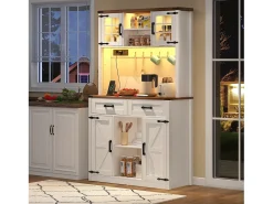 Aparador de cocina LED con enchufes, diseño rústico, MDF blanco/marrón, 2 cajones, estantes regulables (100x40x172cm)