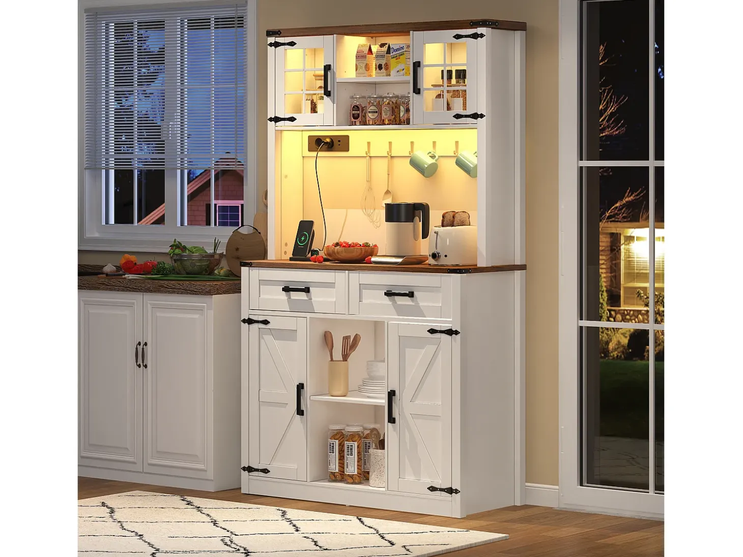 Aparador de cocina LED con enchufes, diseño rústico, MDF blanco/marrón, 2 cajones, estantes regulables (100x40x172cm)