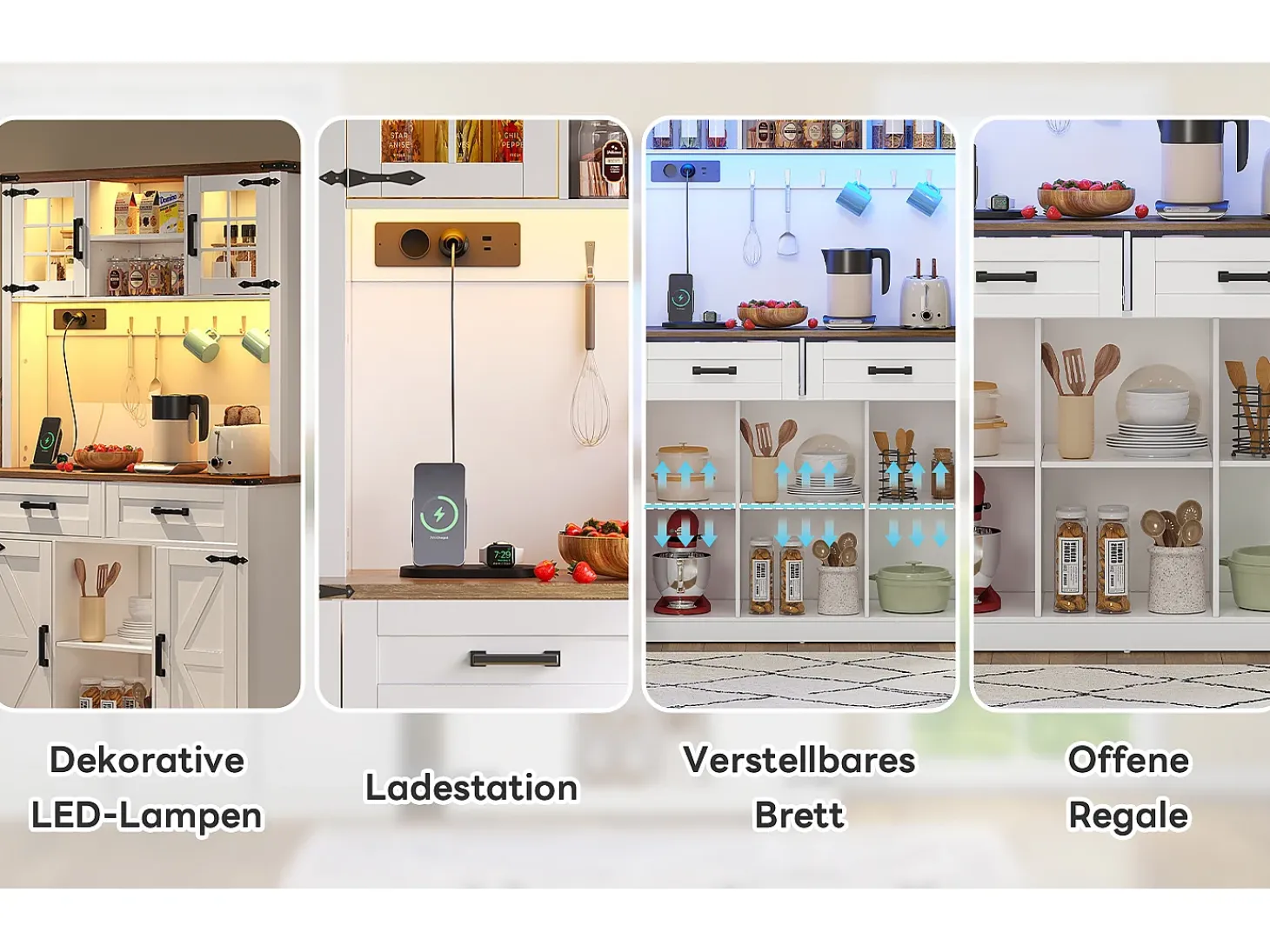 Aparador de cocina LED con enchufes, diseño rústico, MDF blanco/marrón, 2 cajones, estantes regulables (100x40x172cm)