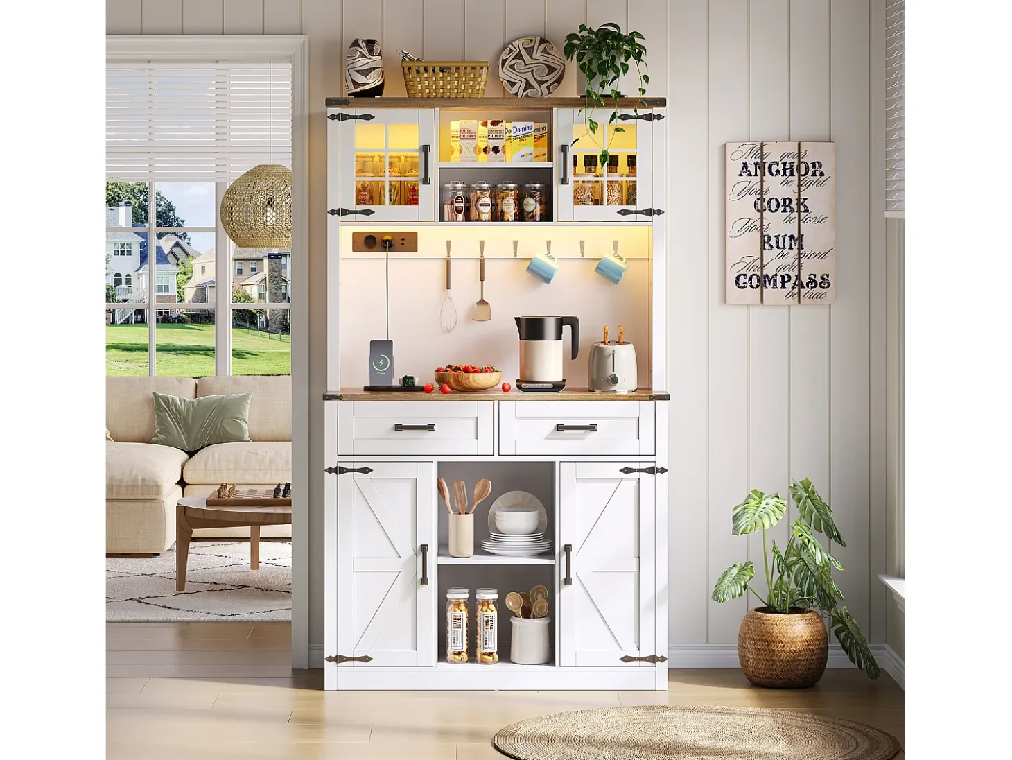 Aparador de cocina LED con enchufes, diseño rústico, MDF blanco/marrón, 2 cajones, estantes regulables (100x40x172cm)