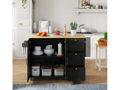 Aparador de cocina, mesa de cocina móvil, diseño plegable, con 3 cajones y toallero, 135x44(70)x90 cm, color negro