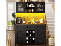 Aparador de cocina moderno - 120 x 40 x 170 cm - con LED + USB + 4 puertas + 3 cajones + estantes - MDF + cristal - negro