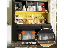 Aparador de cocina moderno - 145 x 39 x 171 cm - con LED + 6 cajones + puerta + balda y tablero perforado - MDF + cristal - negro