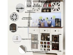 Aparador de cocina moderno - 120 x 40 x 180 cm - con 4 puertas de cristal + 3 cajones + estantes + LED - MDF + cristal - blanco