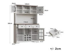 Aparador de cocina moderno - 120 x 40 x 180 cm - con 4 puertas de cristal + 3 cajones + estantes + LED - MDF + cristal - blanco