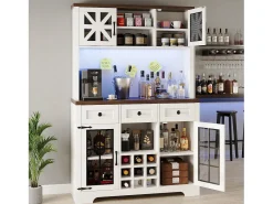 Aparador de cocina moderno - 120 x 40 x 180 cm - con 4 puertas de cristal + 3 cajones + estantes + LED - MDF + cristal - blanco