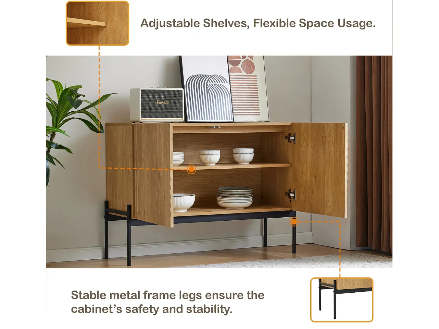 Aparador de Cocina, Mueble de Almacenamiento con 2 Puertas, Patas Metálicas, Diseño Lineal, 100 x 40 x 75 cm, Madera
