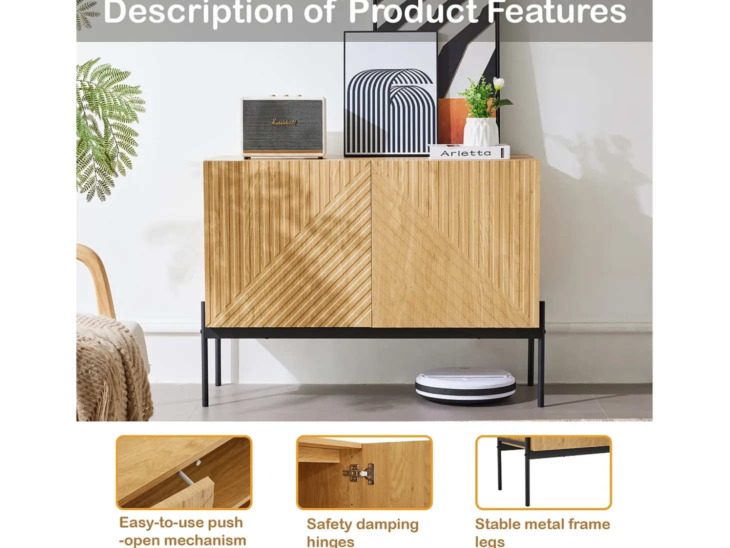 Aparador de Cocina, Mueble de Almacenamiento con 2 Puertas, Patas Metálicas, Diseño Lineal, 100 x 40 x 75 cm, Madera