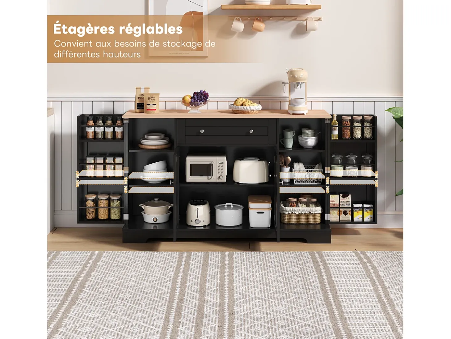 Aparador de cocina multifuncional, armario de almacenaje con cajón y estantes, 138 x 40 x 85 cm, color negro
