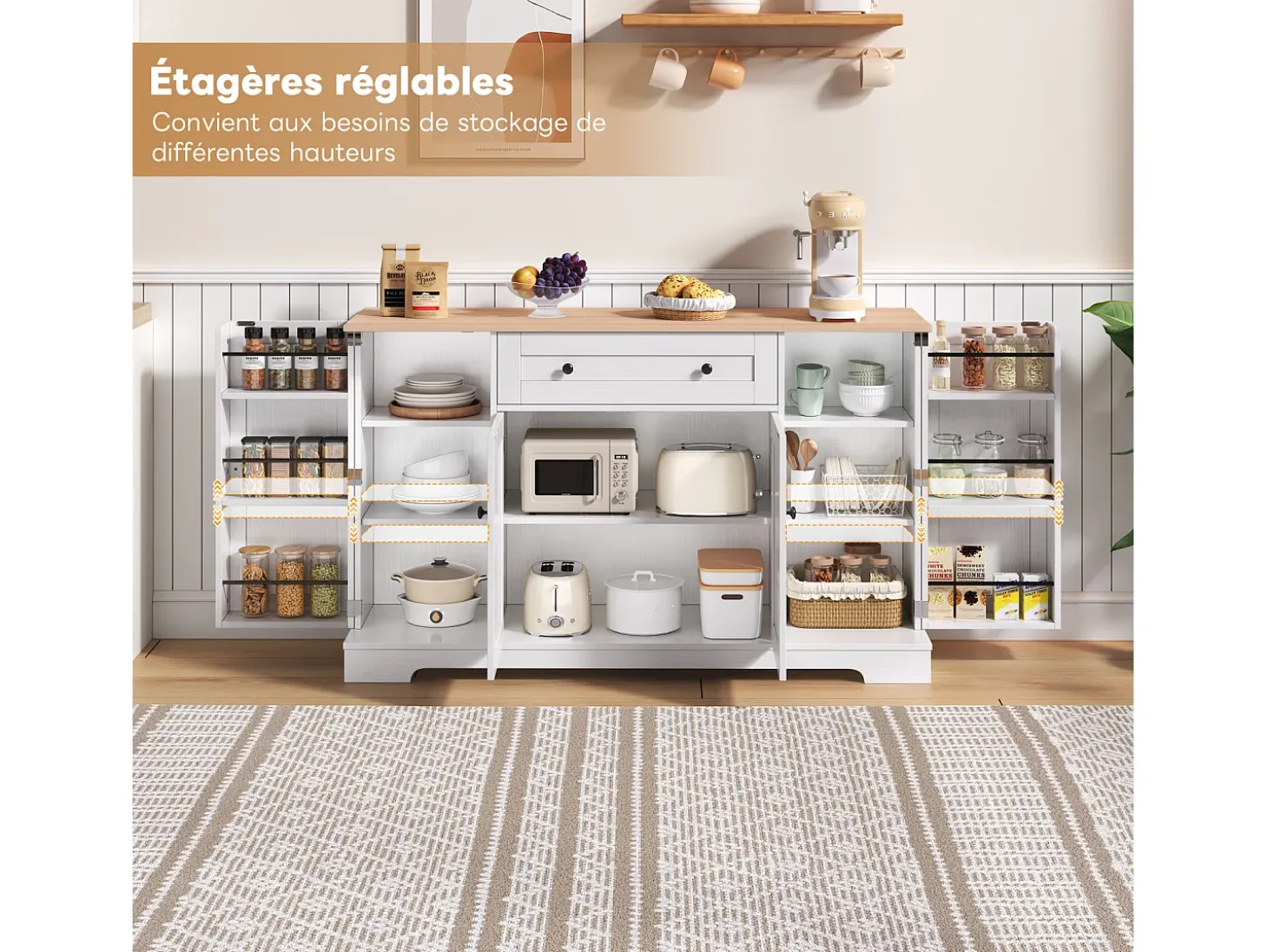 Aparador de cocina multifuncional, armario de almacenaje con cajón y estantes, 138 x 40 x 85 cm, blanco