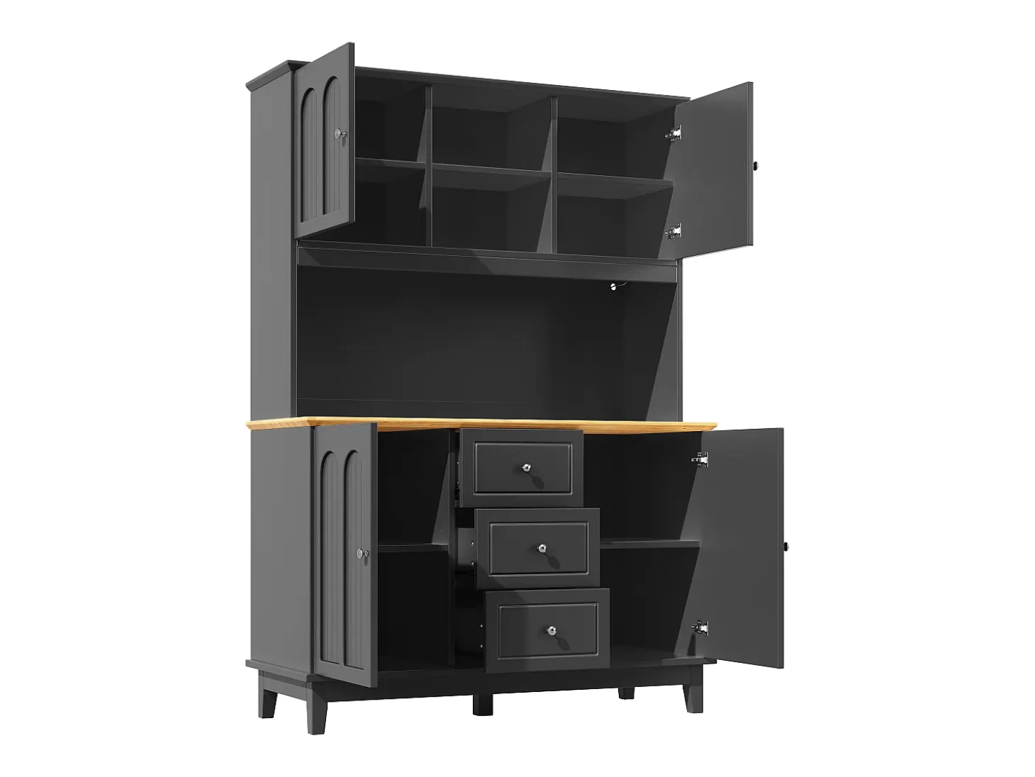 Aparador de cocina negro con iluminación LED, 4 puertas y 3 cajones, tapa chapada en madera.