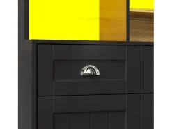 Aparador de cocina negro con 3 puertas, 3 puertas de cristal, 3 cajones y luces LED, MDF