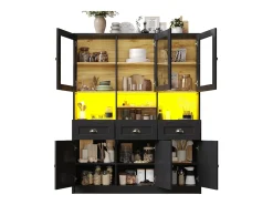 Aparador de cocina negro con 3 puertas, 3 puertas de cristal, 3 cajones y luces LED, MDF