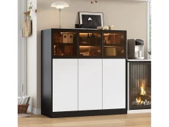 Aparador de cocina para salón - 100 x 40 x 105 cm - con LED + 3 puertas de cristal + 3 puertas de madera - cristal + aglomerado - negro + blanco