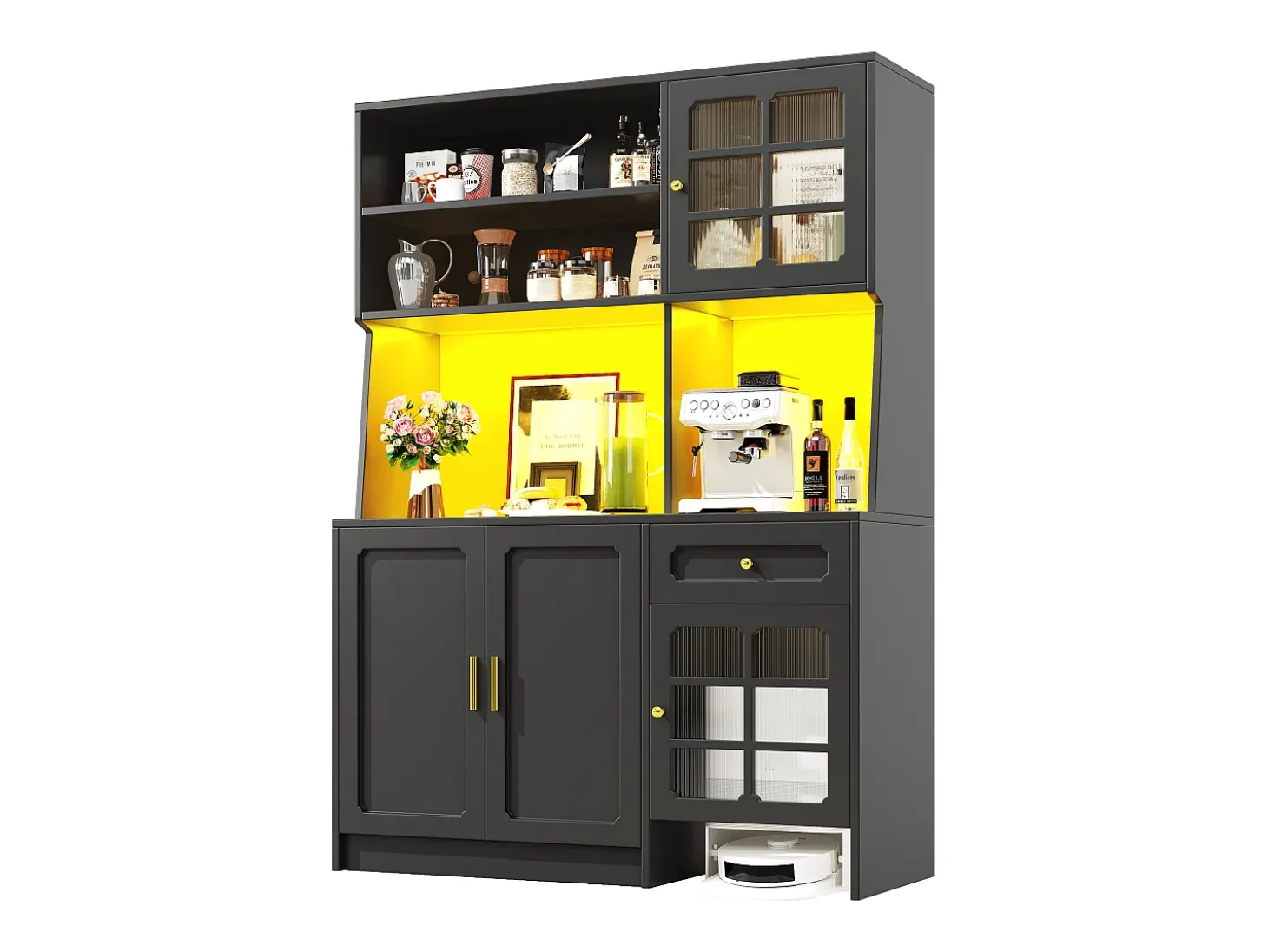 Aparador de cocina 130x45x180 cm con puertas, cajón e iluminación LED, blanco