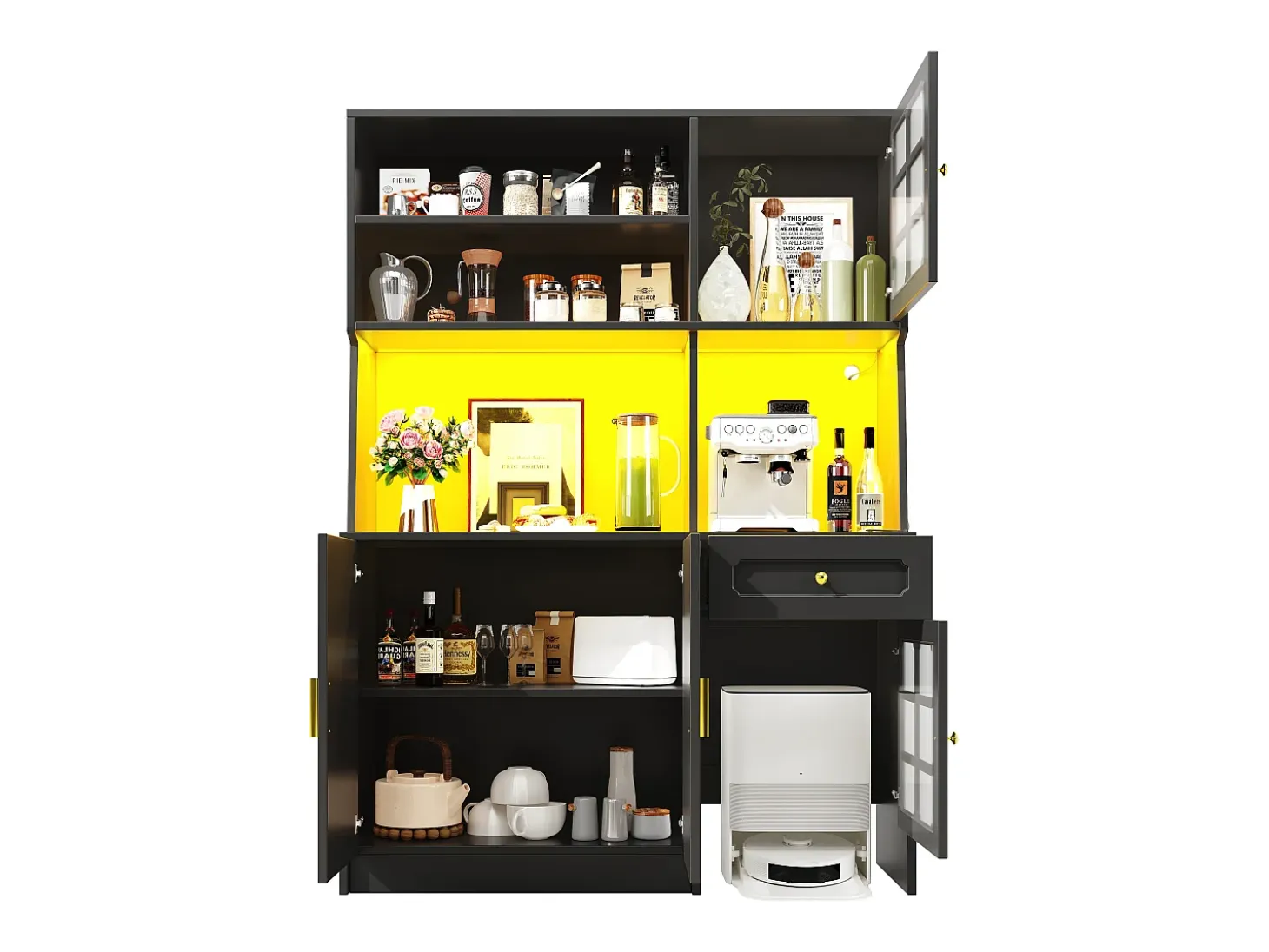 Aparador de cocina 130x45x180 cm con puertas, cajón e iluminación LED, blanco