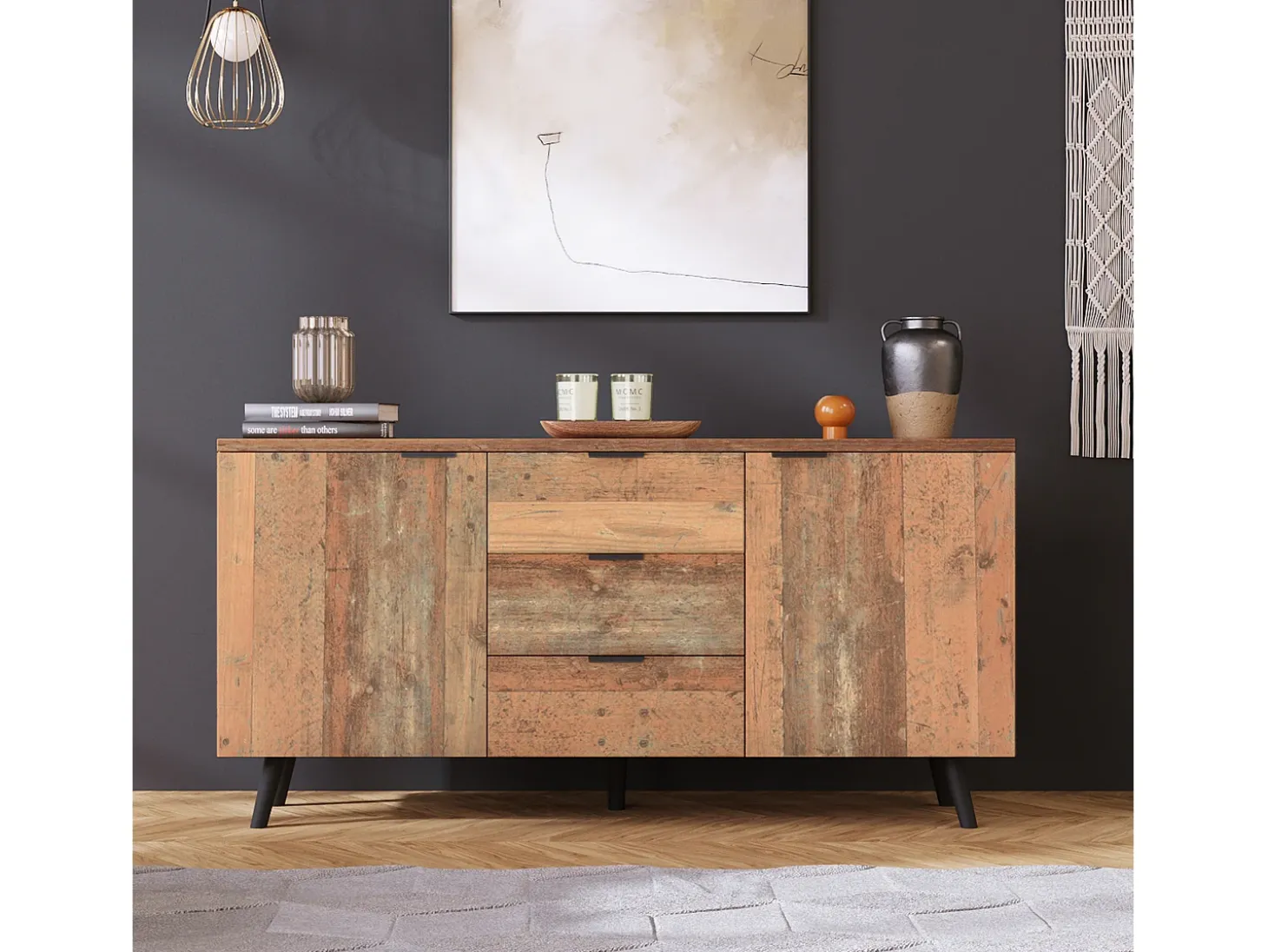 Aparador de cocina 140x35x70cm con 3 cajones y 2 puertas, cuerpo en chapa de madera natural clara